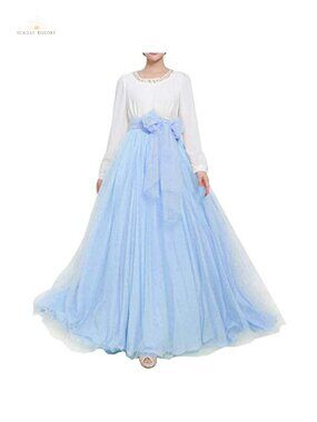 A-Line Maxi Tulle Skirt Floor Length High Waisted with Bowknot Belt
